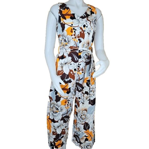 Vintage Polynesian Romper Floral Jumpsuit Belted Wide Leg...